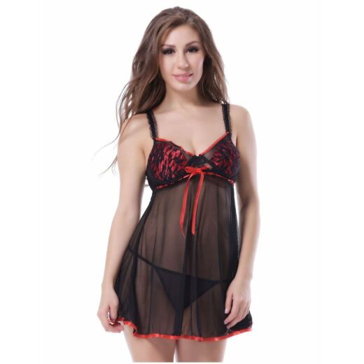 Transparent Babydoll Black & Red